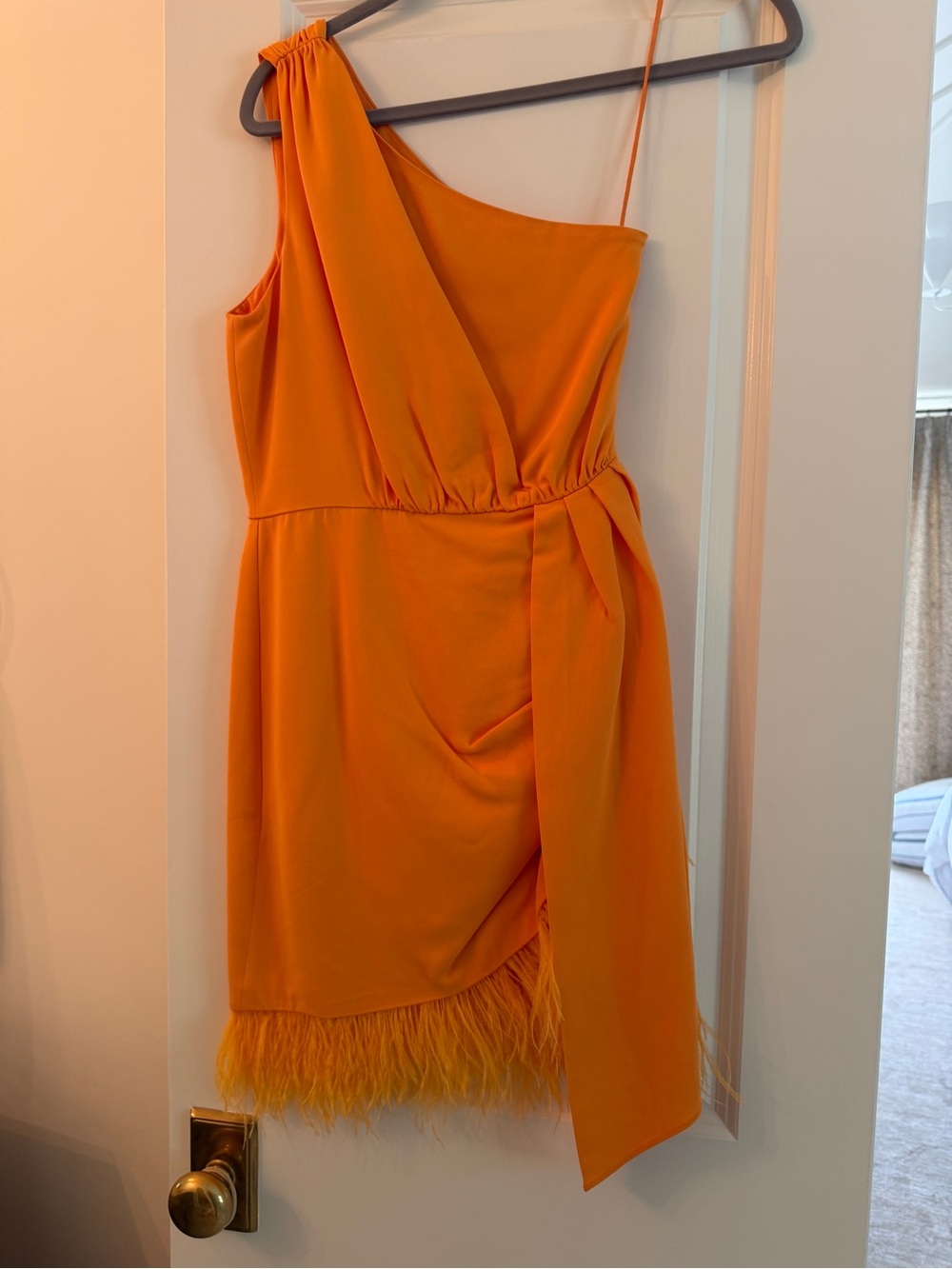 SAYLOR One-Shoulder Marigold Feather-Hem Dress